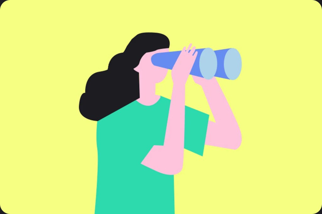 Flat illustration of a girl with binoculars who wants to discover new music