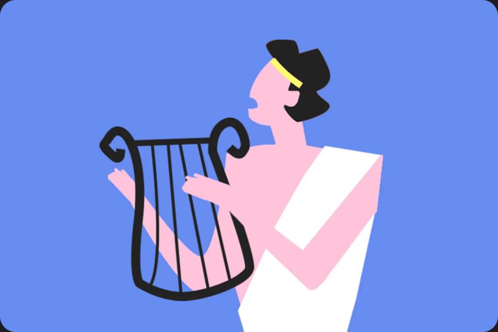 Flat illustration of of an ancient Greek playing a harp